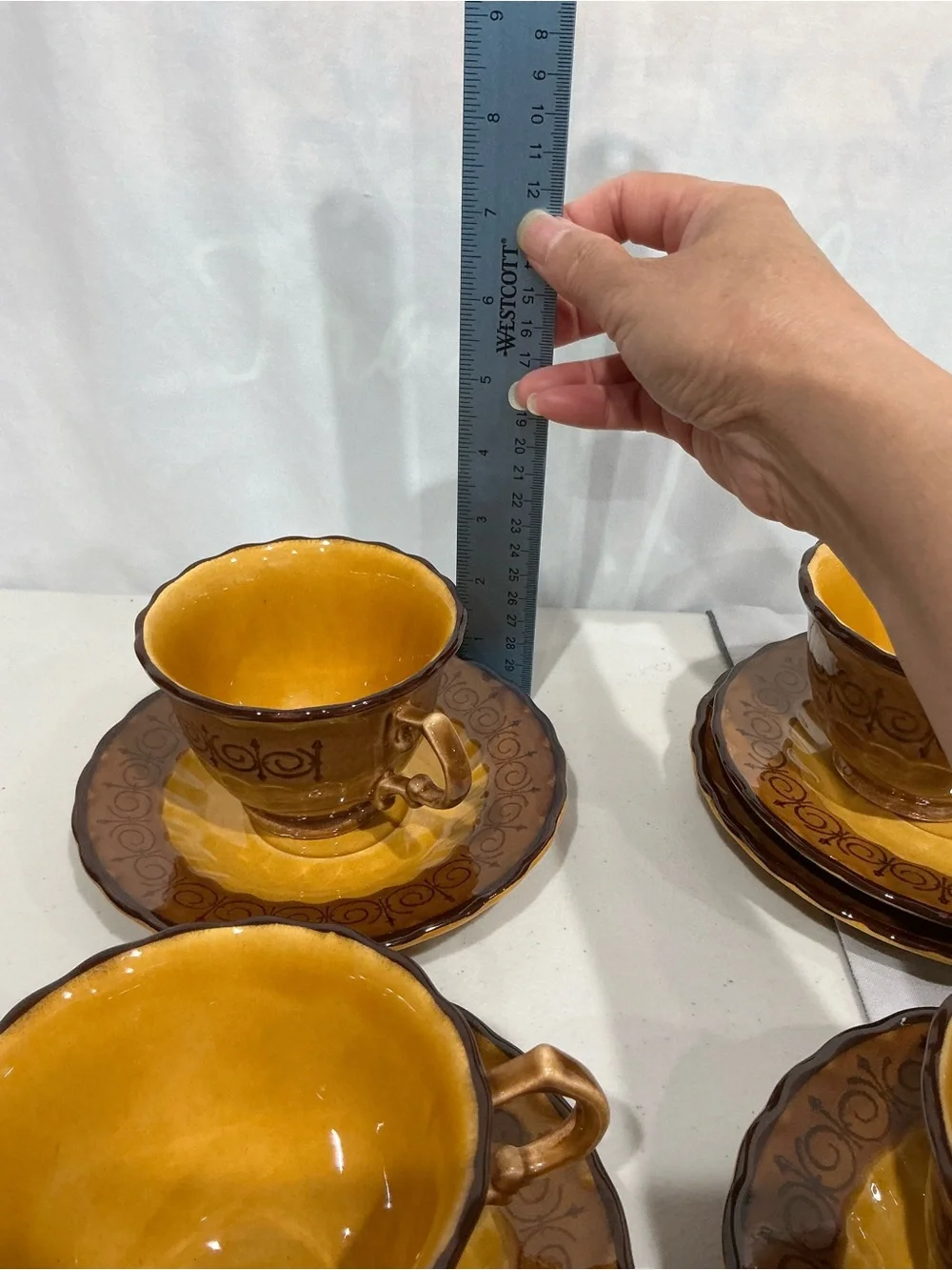 Amber Brown Ceramic Teacup and Saucer Set - 5pc